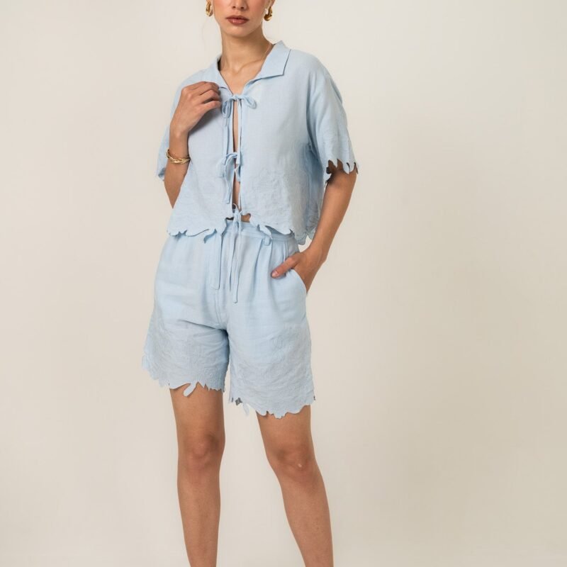 Azure Bloom Linen Embroidered Shirt and Shorts Co-ord