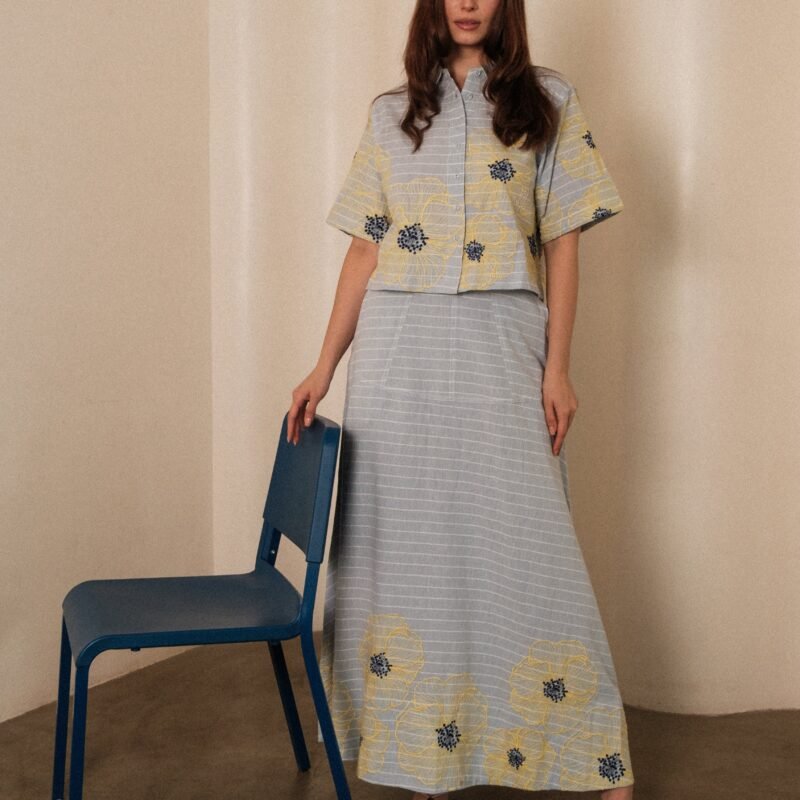 Azure Bloom Cotton Yarn Dyed Embroidered Skirt and Shirt Set