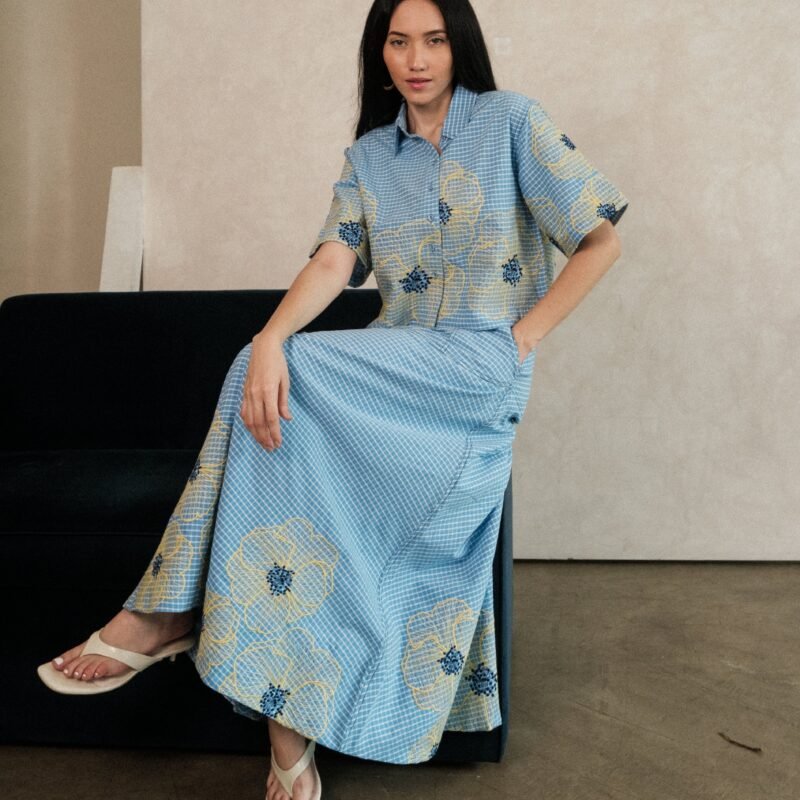 Azure Garden Cotton Yarn dyed Embroidered Skirt and Shirt Co-ord