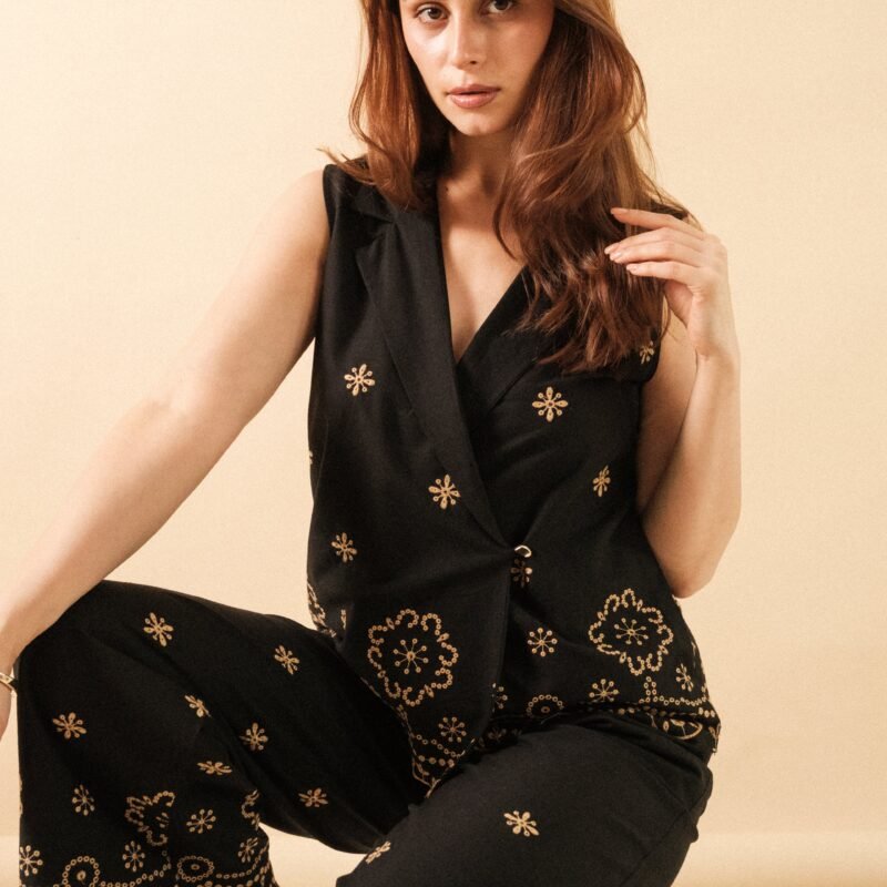 Noir Embroidered Linen Jacket and Pant Tailored Set