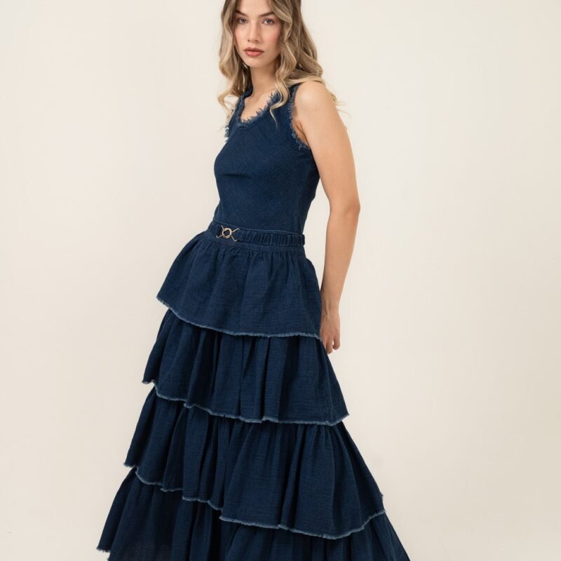 Bleu Rêve Denim Tiered Maxi Skirt and Top Set