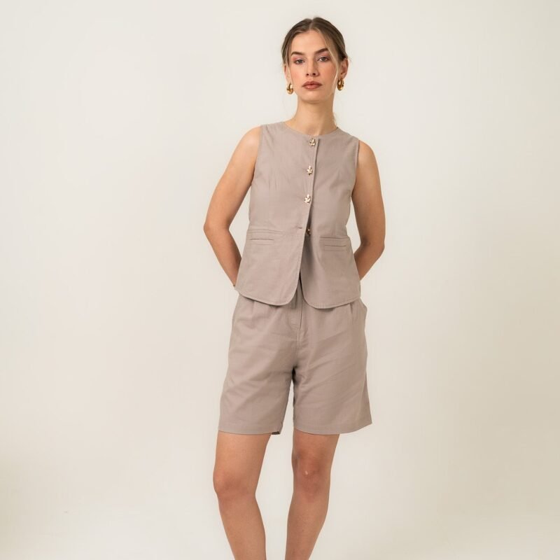 Taupe Linen Atelier Vest and Shorts Set