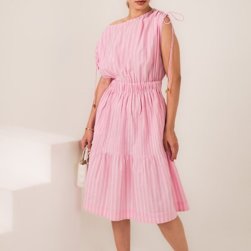 Rosé Cinch Waist Cotton Yarn Dyed Dress