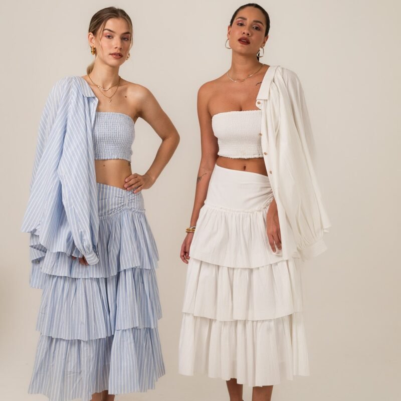 Ivory Cotton Seersucker Tiered Skirt and Shirt Set