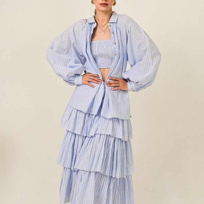 Celeste Cotton Yarn Dyed Tiered Skirt and Shirt Set