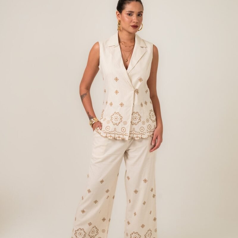 Atelier Soleil Linen Embroidered Jacket and Pant Set